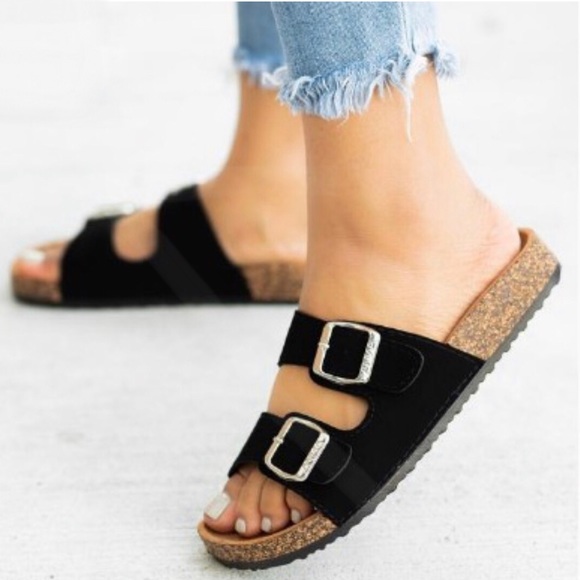 Qupid Shoes - Black Adjustable Double Band Buckle Slides